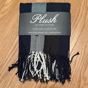 Plush Ultra Soft‎ Plaid Scarf Navy Charcoal White Fringe Warm Stylish